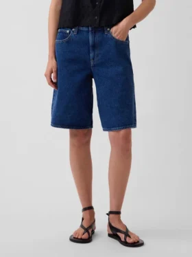 Denimkorte broek met middelhoge taille en lange pijpen