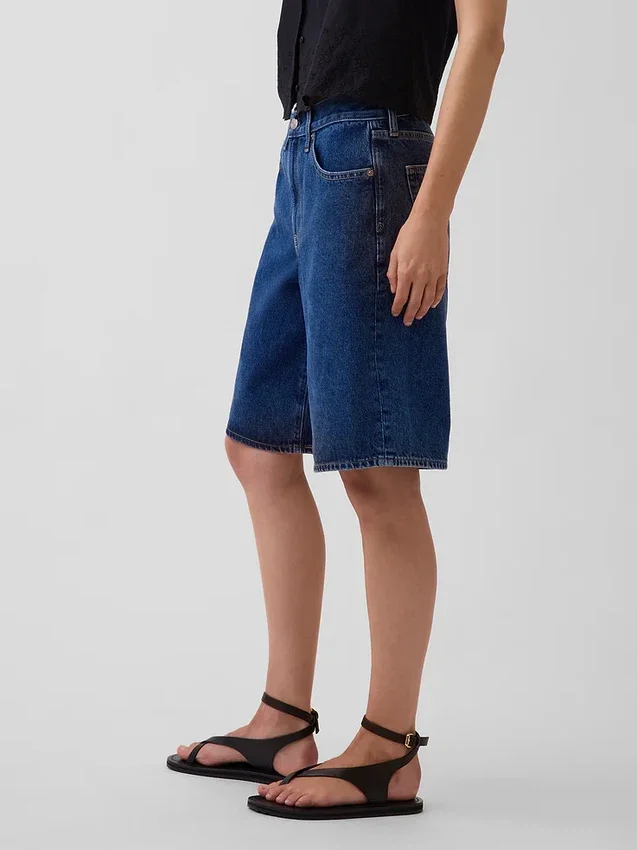 Denimkorte broek met middelhoge taille en lange pijpen