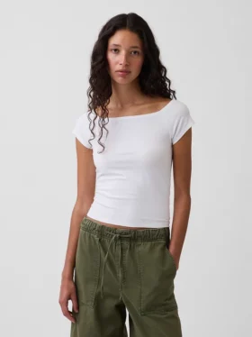 Dichtgeweven jersey off-shoulder crop-T-shirt
