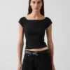 Dichtgeweven jersey off-shoulder crop-T-shirt