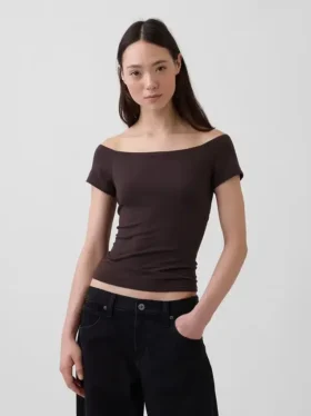 Dichtgeweven jersey off-shoulder crop-T-shirt