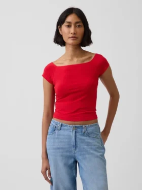Dichtgeweven jersey off-shoulder crop-T-shirt