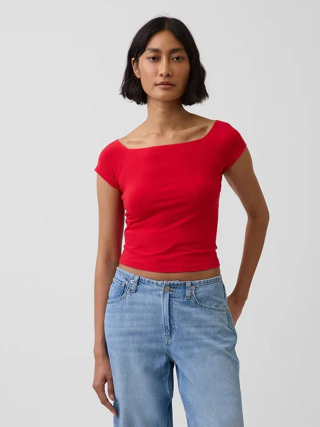 Dichtgeweven jersey off-shoulder crop-T-shirt