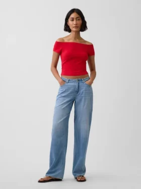 Dichtgeweven jersey off-shoulder crop-T-shirt