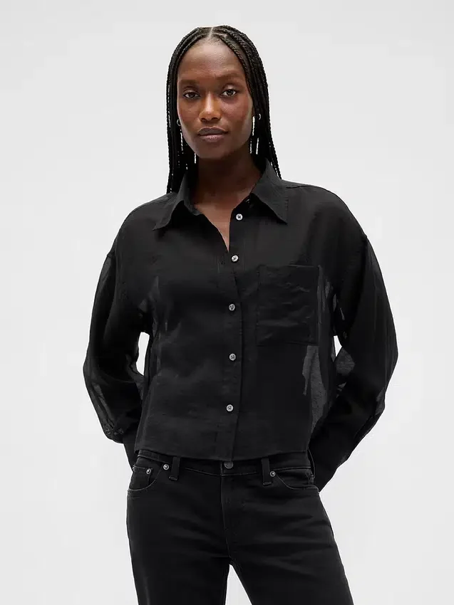 Doorschijnend crop-shirt met rechte zoom