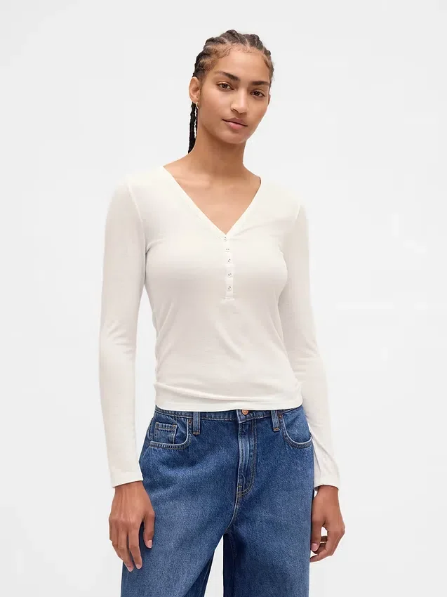 Doorschijnend geribd Henley-T-shirt