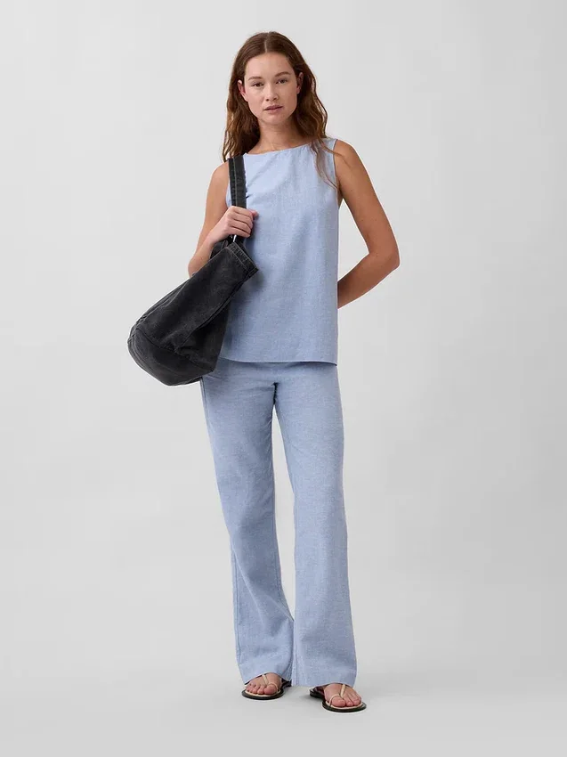 Flarebroek met lage taille van linnenmix