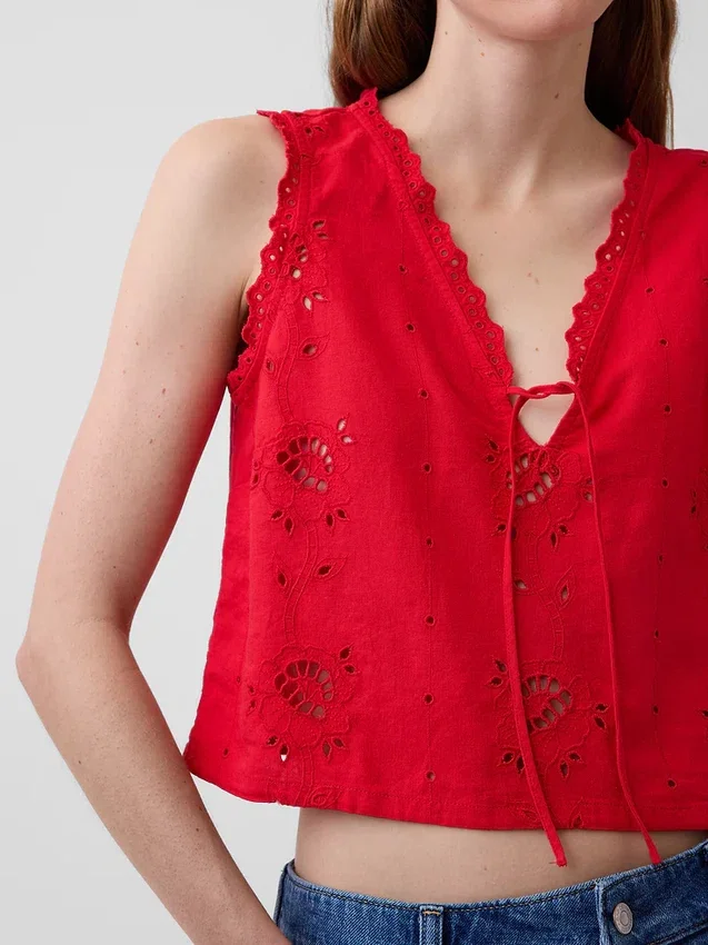 Geborduurde crop-top van linnenmix