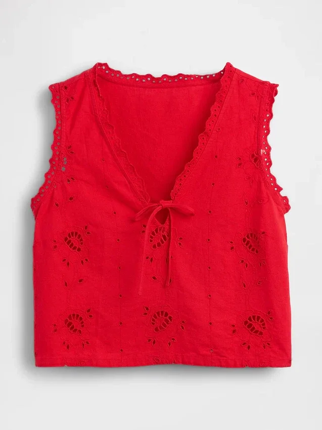 Geborduurde crop-top van linnenmix