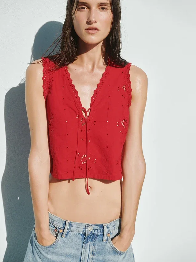 Geborduurde crop-top van linnenmix