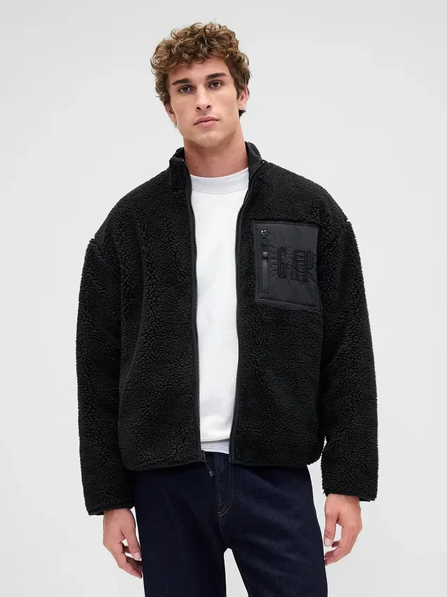 Gerecyclede Sherpa-jas met oversized logo en ritssluiting