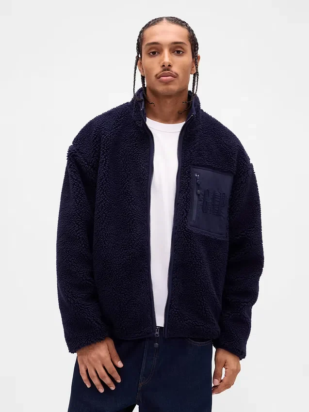 Gerecyclede Sherpa-jas met oversized logo en ritssluiting
