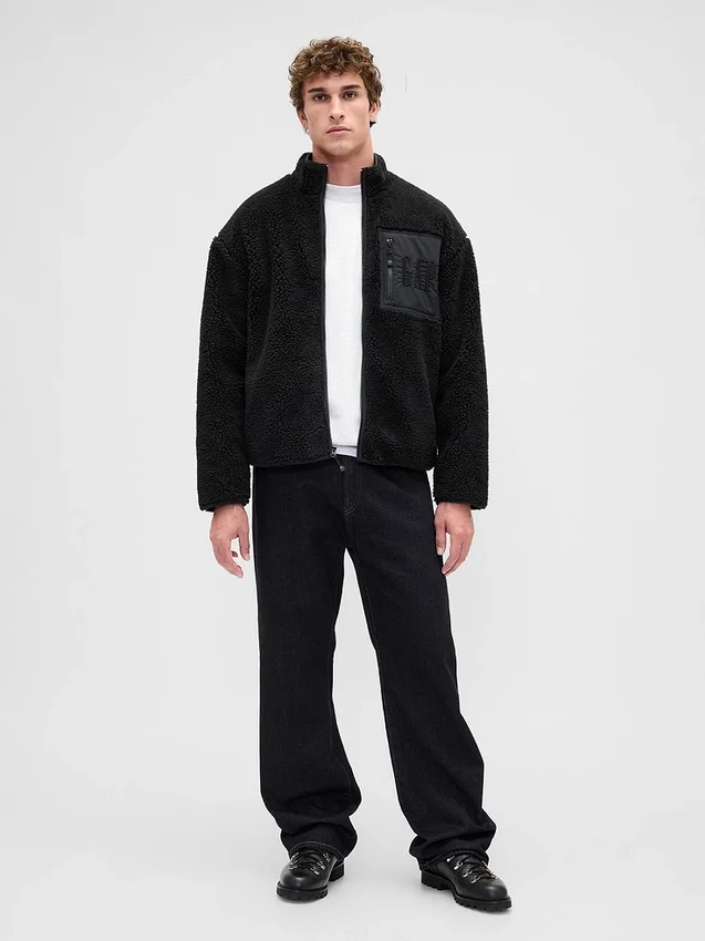 Gerecyclede Sherpa-jas met oversized logo en ritssluiting