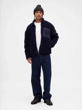 Gerecyclede Sherpa-jas met oversized logo en ritssluiting
