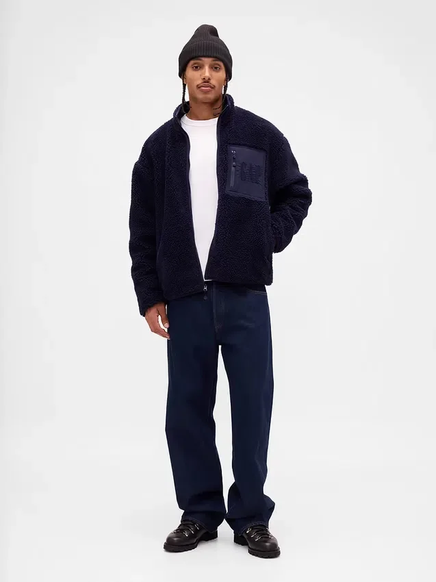 Gerecyclede Sherpa-jas met oversized logo en ritssluiting