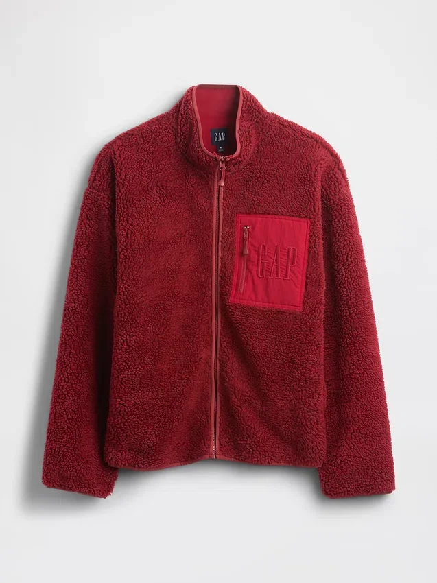 Gerecyclede Sherpa-jas met oversized logo en ritssluiting
