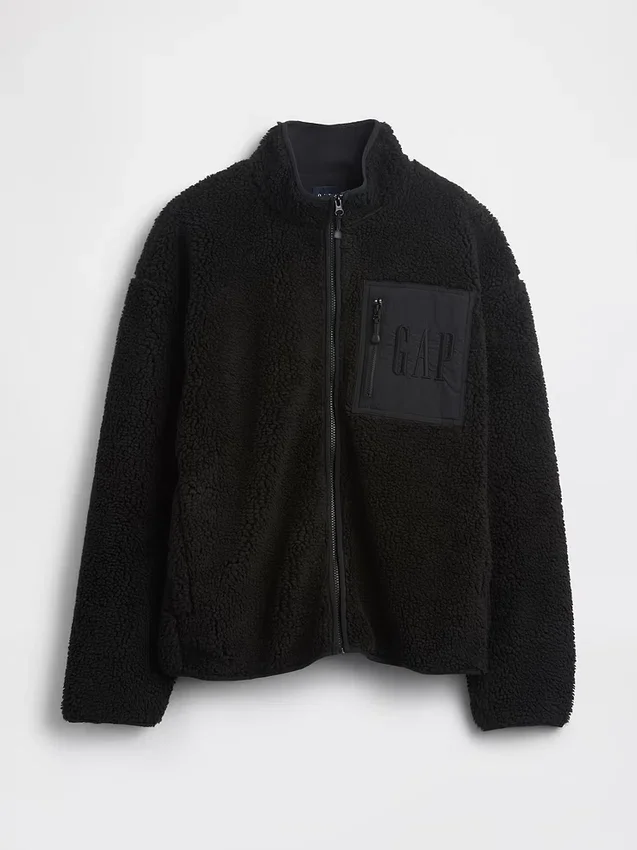 Gerecyclede Sherpa-jas met oversized logo en ritssluiting