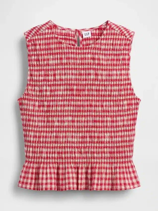 Gesmokte peplumtop met ginghamprint