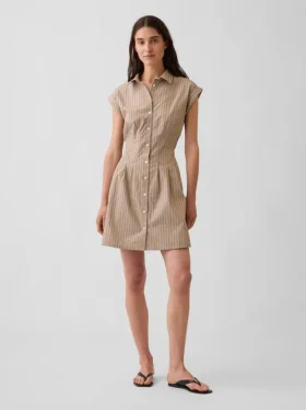 Gestreepte popeline mini-shirtjurk met getailleerde taille