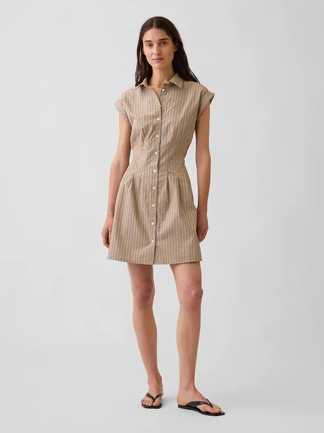 Gestreepte popeline mini-shirtjurk met getailleerde taille