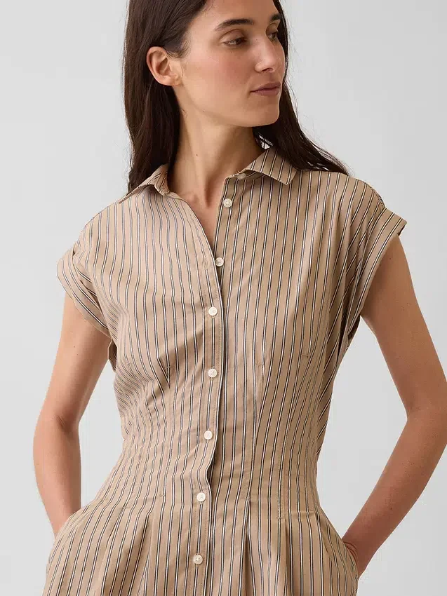 Gestreepte popeline mini-shirtjurk met getailleerde taille