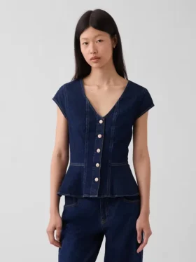Getailleerde denim top met kapmouwtjes en peplum