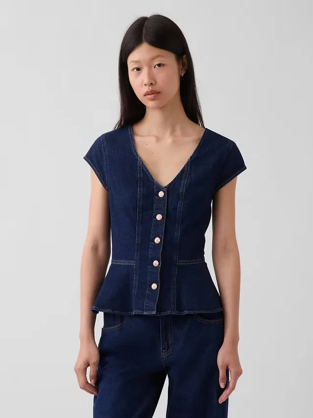 Getailleerde denim top met kapmouwtjes en peplum