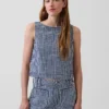 Gingham-denim crop-shell-tanktop