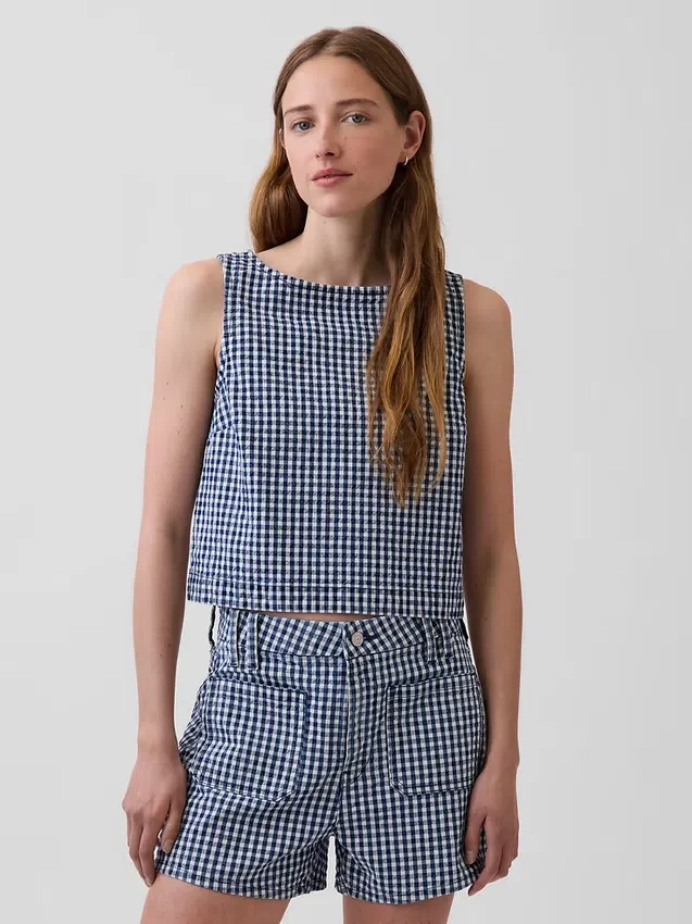Gingham-denim crop-shell-tanktop