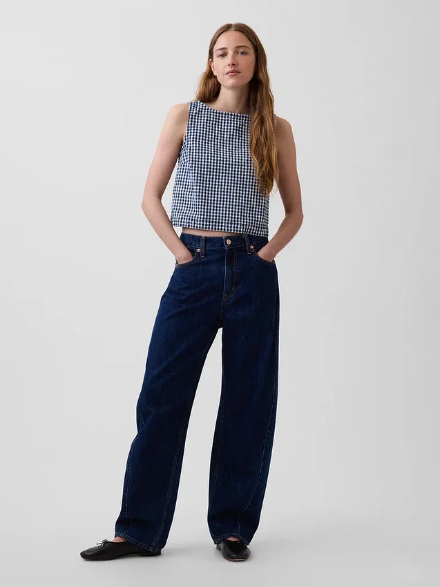 Gingham-denim crop-shell-tanktop