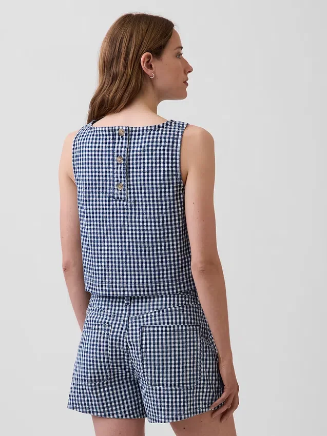 Gingham-denim crop-shell-tanktop