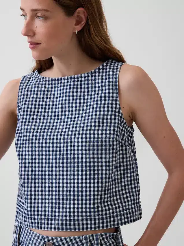 Gingham-denim crop-shell-tanktop