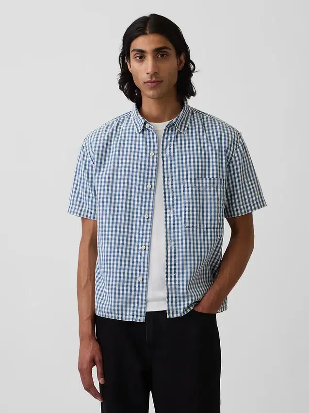 Gingham-denim overhemd met relaxte pasvorm en rechte zoom