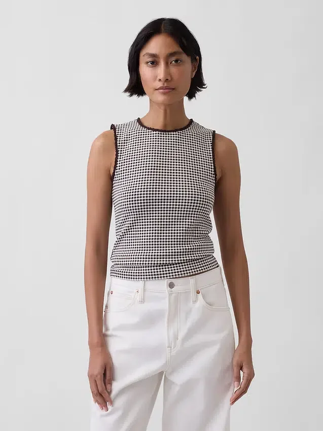 Gingham Pointelle shell-tanktop