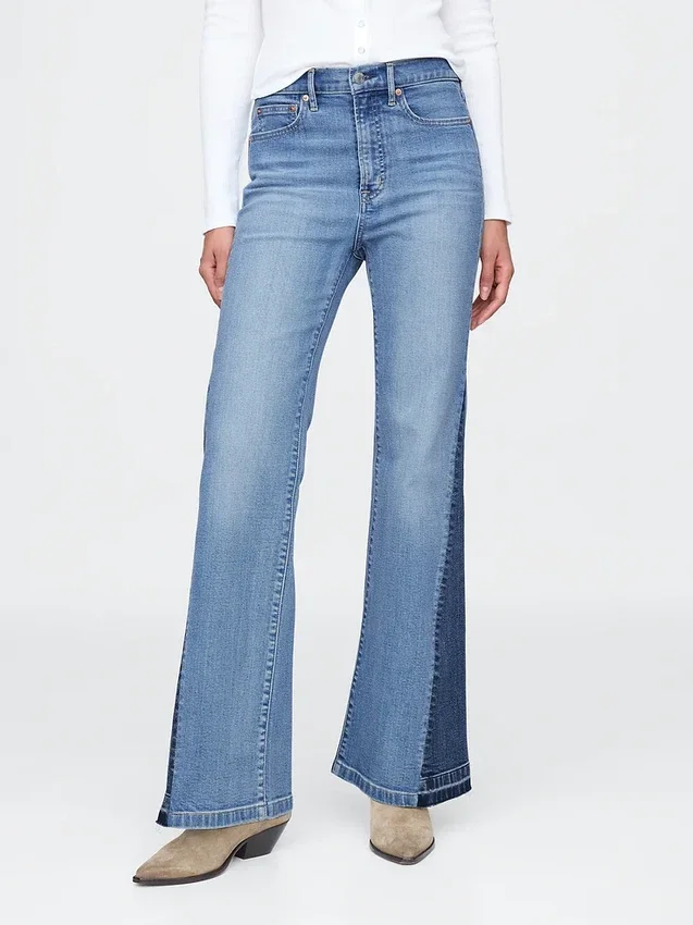 Hoge taille, gepatchte flare-Jeans in jaren ’70-stijl