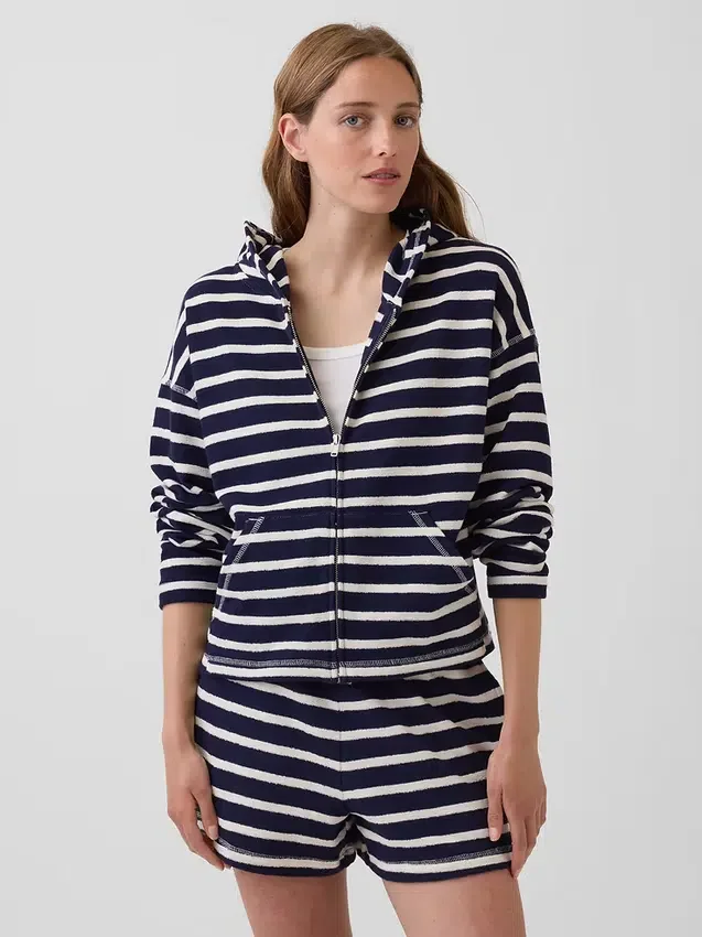Hoodie met rits, oversized, gestreept, van badstof