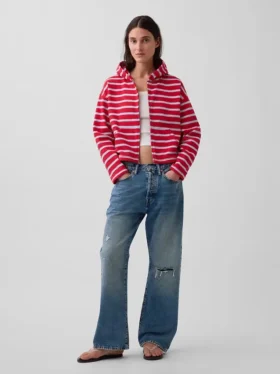 Hoodie met rits, oversized, gestreept, van badstof