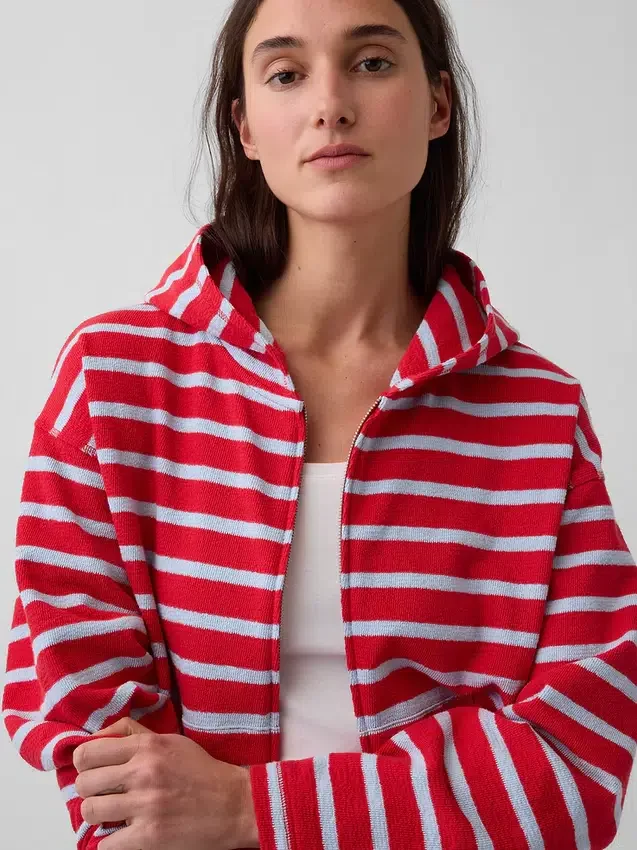 Hoodie met rits, oversized, gestreept, van badstof