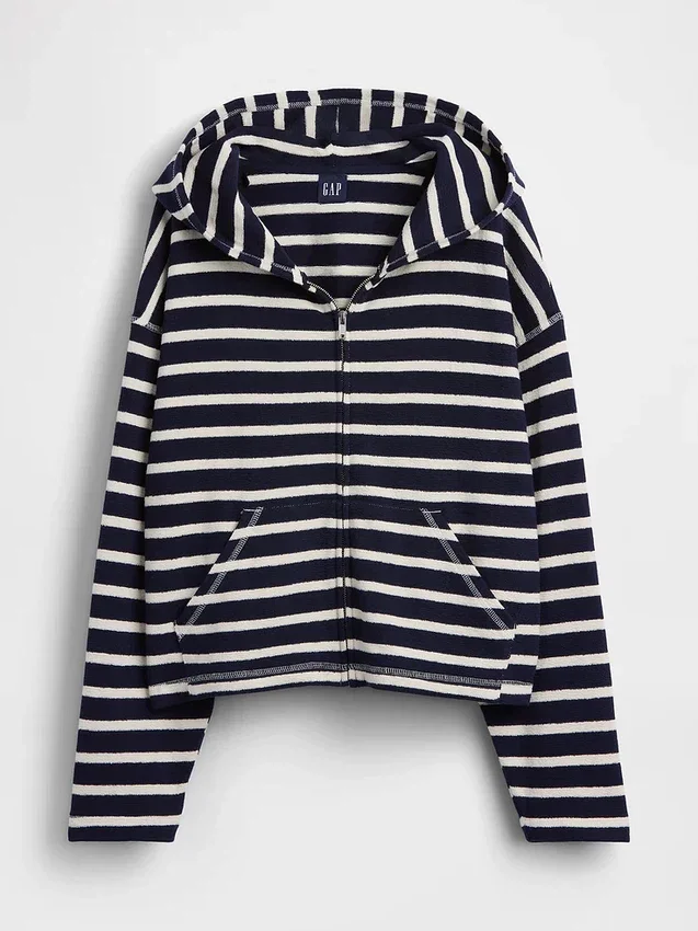 Hoodie met rits, oversized, gestreept, van badstof