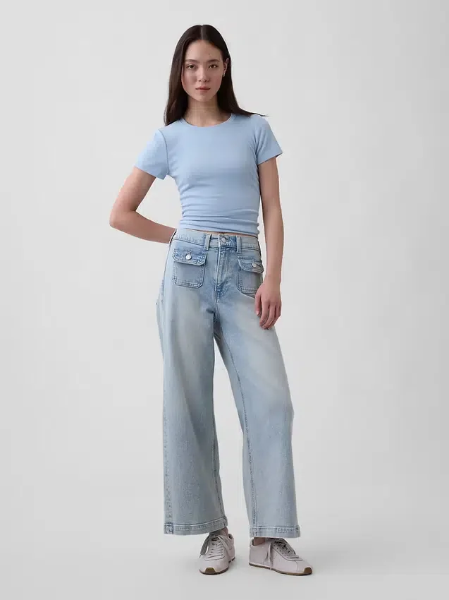 Jeans met hoge taille, wijde pijpen en enkellengte