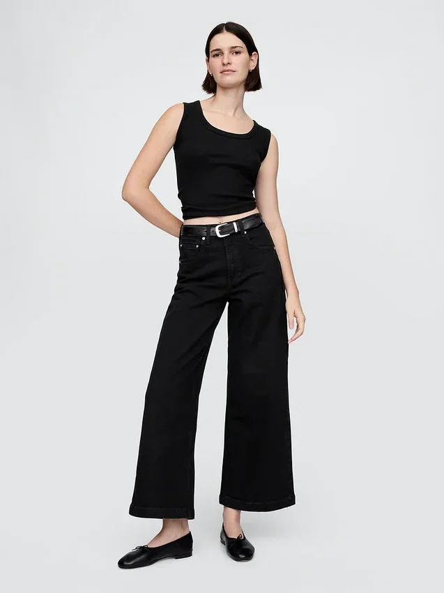 Jeans met hoge taille, wijde pijpen en enkellengte