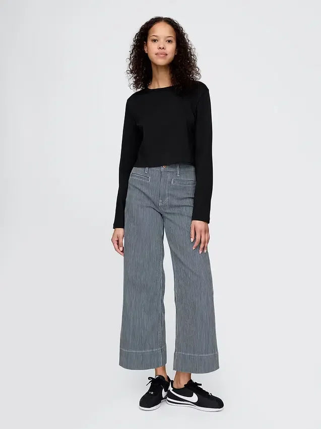 Jeans met hoge taille, wijde pijpen en enkellengte