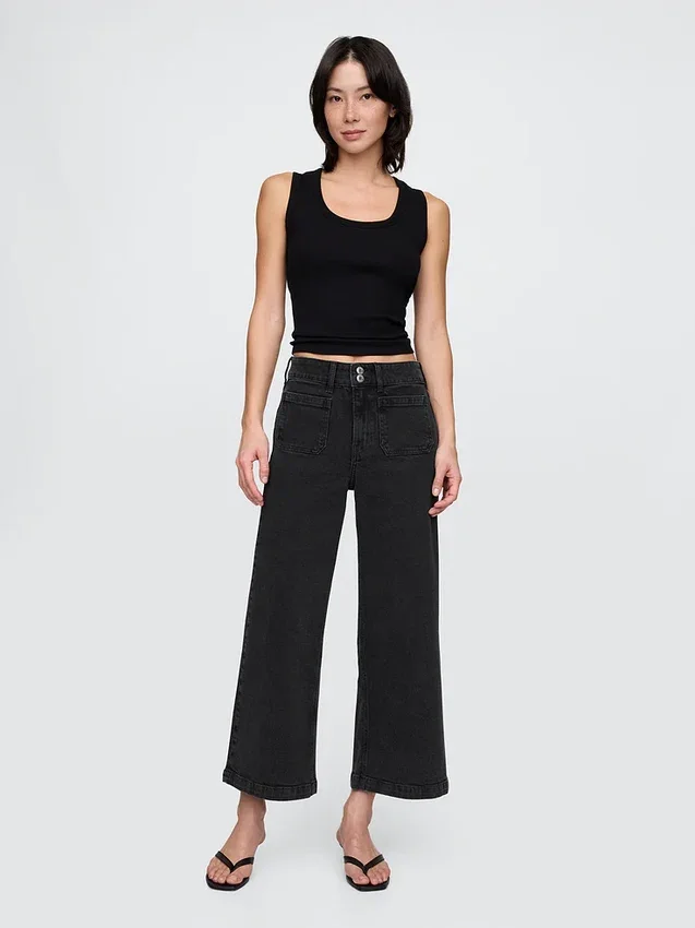 Jeans met hoge taille, wijde pijpen en enkellengte