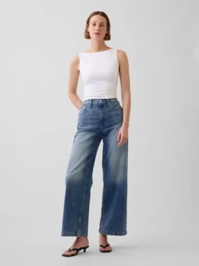 Jeans met hoge taille, wijde pijpen en enkellengte