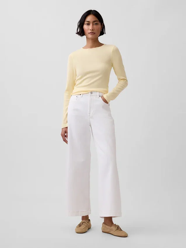 Jeans met hoge taille, wijde pijpen en enkellengte