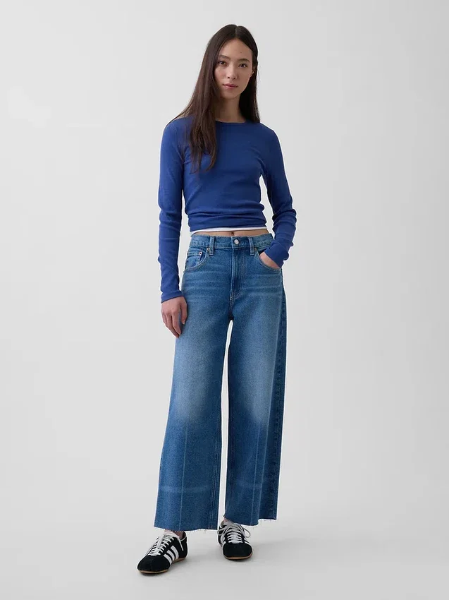 Jeans met hoge taille, wijde pijpen en enkellengte