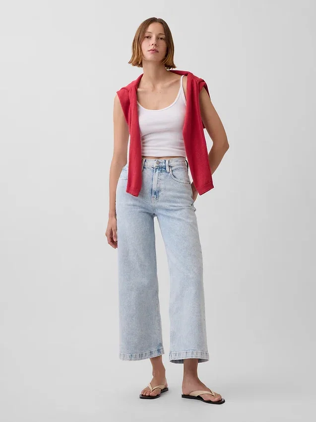 Jeans met hoge taille, wijde pijpen en enkellengte