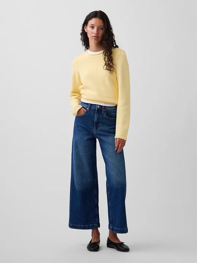 Jeans met hoge taille, wijde pijpen en enkellengte