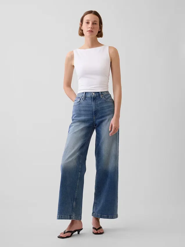 Jeans met hoge taille, wijde pijpen en enkellengte