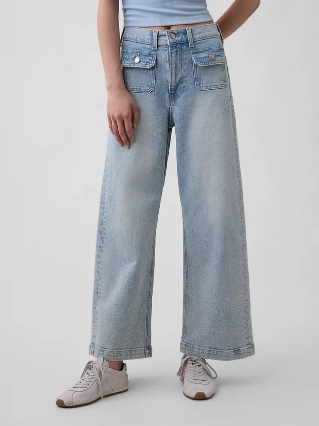 Jeans met hoge taille, wijde pijpen en enkellengte